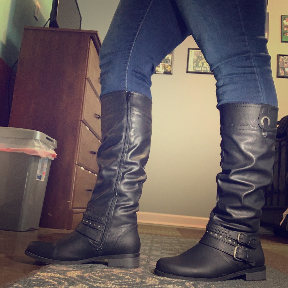 Black Boots - Faux Leather Biker Boots - Size 8